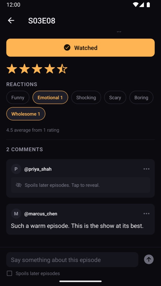 An episode page with a star rating, reactions, and comments, one of them covered because it spoils later episodes.