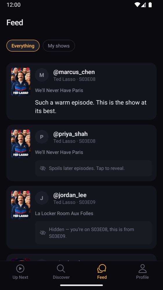 The feed: a friend's comment on Ted Lasso S03E08 is shown, one that spoils later episodes is covered, and one from S03E09 is hidden because you're on S03E08.