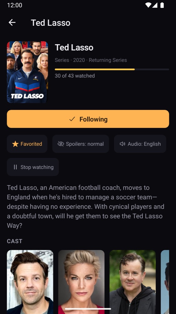 The Ted Lasso page: 30 of 43 episodes watched, a Following button, spoiler and audio settings, and the cast.