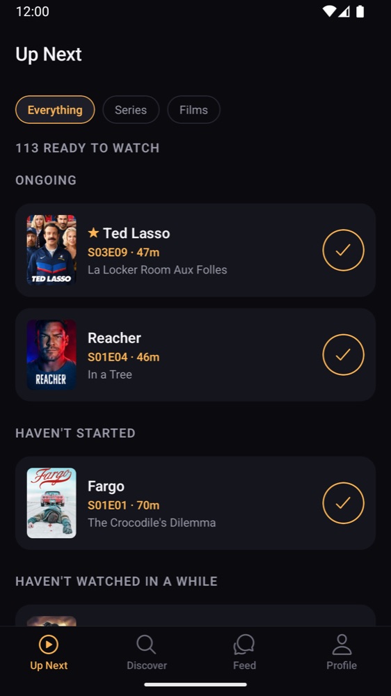 Up Next listing the next episode of Ted Lasso, Reacher and Fargo.